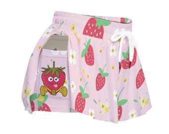 Strawberry Print Skort: Athletic Skirt with Built-in Shorts & Phone Pocket