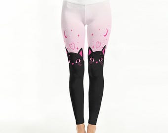 Pink Black Cat Leggings - Women s Kawaii High Waist Yoga Pants