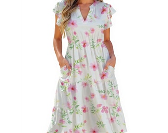 Floral Print Midi Kleid: V-Neck Summer Beach Outfit mit Taschen