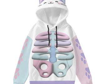 Kawaii Heaven kattenoorhoodie voor dames met pastelkleurige skeletprint