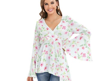 Floral V-Neck Boho Blouse with Flared Sleeves - Cottagecore Peplum Tunic Top for Spring Summer