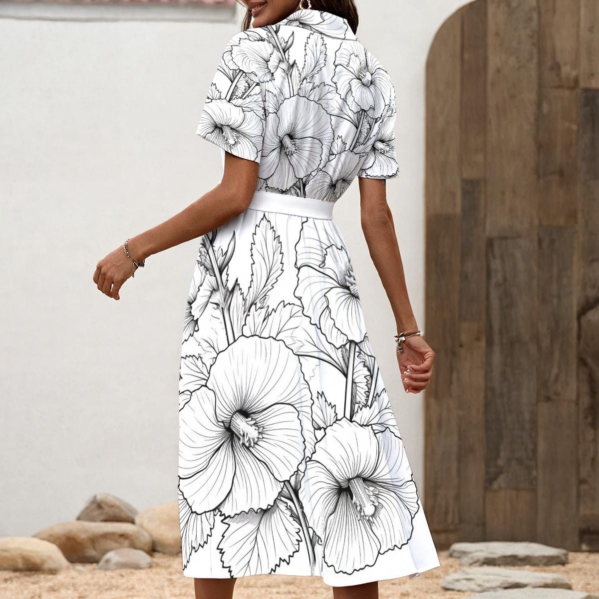 black and white floral shirt dress Clover Shirt Dress / Black Mini Floral + Vintage White Toile Print Cotton Voile