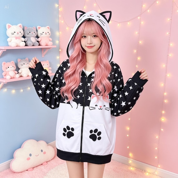 Kawaii Cat Ear Zip Hoodie | Star Pattern, Paw Print Pockets - Etsy