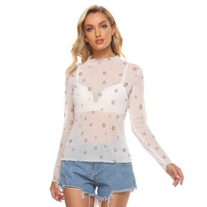 Kawaii Heaven Women&#39;s Sheer Mesh Long Sleeve T-Shirt - Sexy Festival See-Through Top