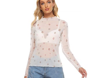 Camiseta de manga larga de malla transparente Kawaii Heaven para mujer: top sexy transparente para festivales