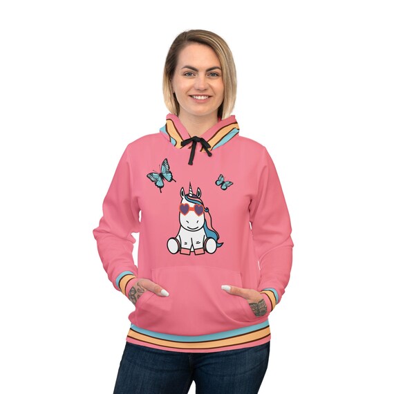 Felpa con cappuccio sportiva rosa con unicorno kawaii e farfalle