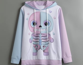 パステルスケルトンプリントのレディースプルオーバーパーカー - Kawaii Heaven、ドローストリング付きスキューバ生地