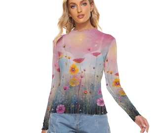 Camiseta de malla Kawaii Heaven para mujer - Top de manga larga transparente Sunset Meadow
