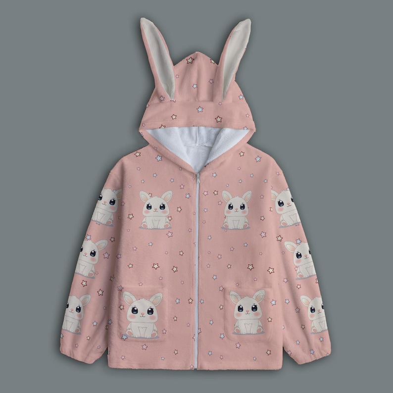 Pink Bunny Ear Hoodie: Plush Pajama Top with Star Print image 1