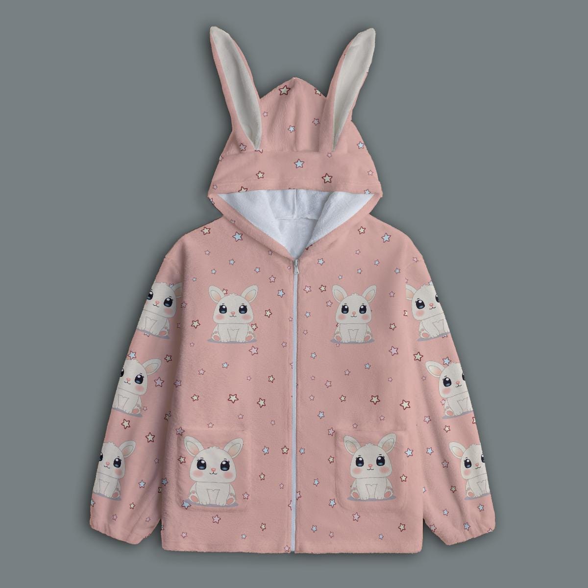 かわいいうさぎ耳パーカー – ピンクのフリースジップアップジャケット 