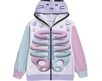 Kawaii Heaven Unisex Zip Up Hoodie with Cat Ears & Pastel Skeleton Print
