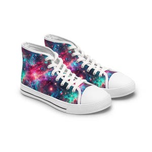 Neon Space High Top Sneakers, Galaxy Print Shoes, Outer Space Sneaker, Women&#39;s Fashion Footwear, Trendy Astro Sneaks