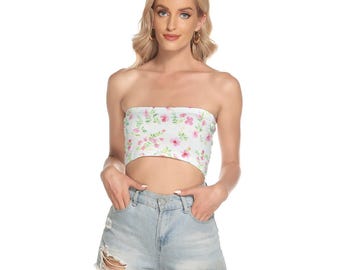 Kawaii Floral Women's Tube Top - White Ribbed Strapless Crop for Summer Casual Look