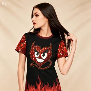 May include: A black short-sleeve t-shirt featuring a central graphic of a red heart shaped like a devil with horns and a tail. The sleeves have a red gemstone pattern, and the bottom hem displays a red and orange flame design.