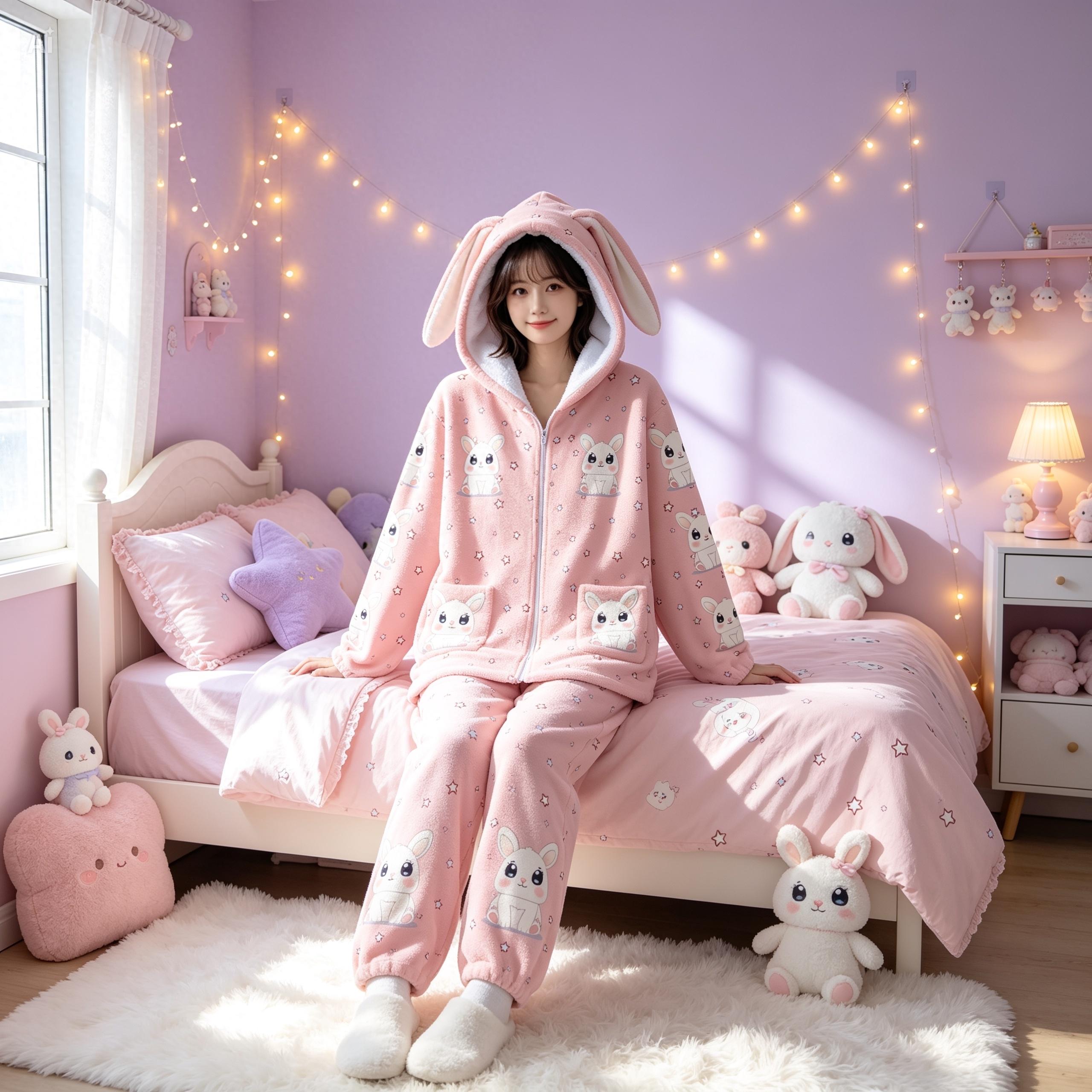 かわいいうさぎ耳パーカー – ピンクのフリースジップアップジャケット