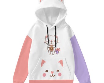 Bluza damska Kawaii Heaven Boba Kitty z kapturem i ozdobnymi kocimi uszami i motywem Bubble Tea