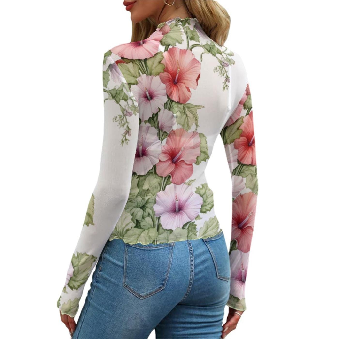 Women's Floral Mesh Long Sleeve T-shirt - Lightweight Sheer