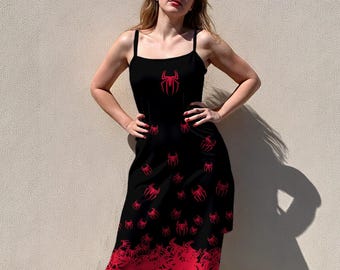 Spinnen Print Gothic Slip Dress: Rot & Schwarz Alt Outfit