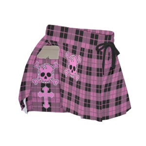 Pink Plaid Skull Skort, Gothic Y2K Alt Skirt Shorts with Pockets