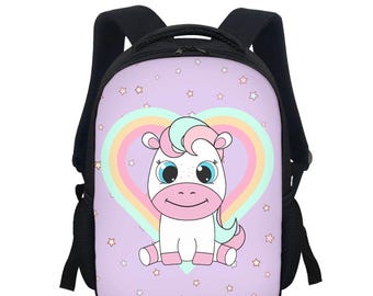 Sac à dos coeur licorne kawaii : sac étudiant pastel imprimé arc-en-ciel