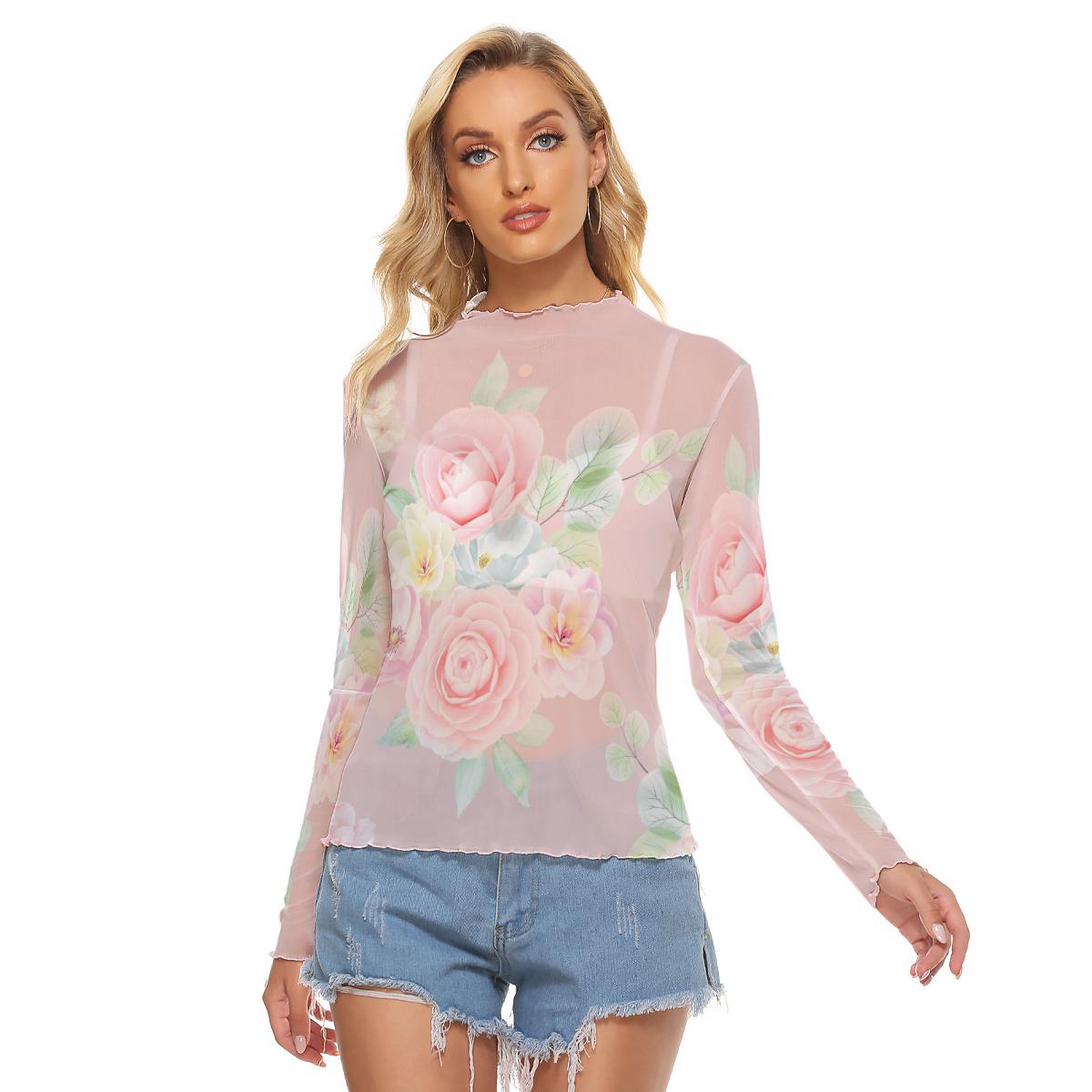 Blush Rose Mesh Top – Women's Sheer Floral Mesh T-shirt
