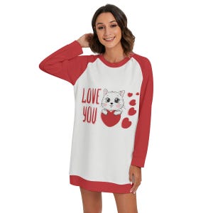 Kawaii Heaven Women&#39;s Love You Kitty Lounge Dress Round Neck Raglan Sleeve Sweater