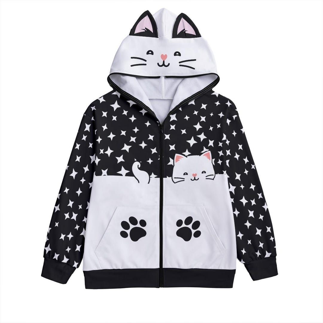 Kawaii Cat Ear Zip Hoodie | Star Pattern, Paw Print Pockets - Etsy