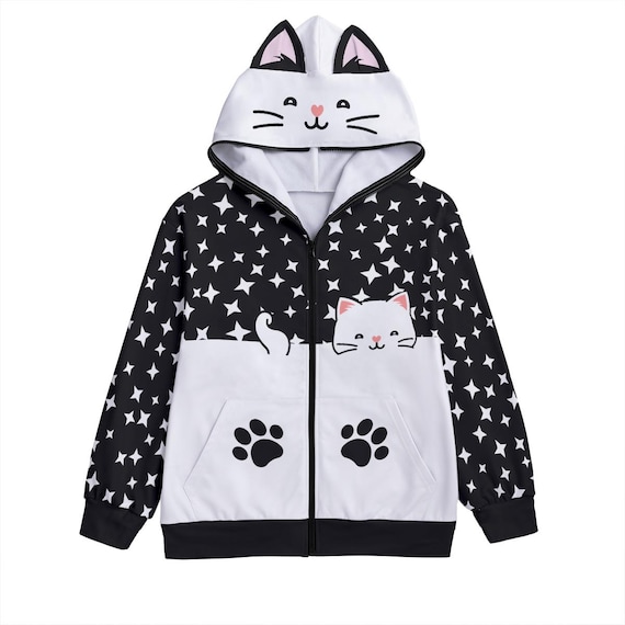 Kawaii Cat Ear Zip Hoodie | Star Pattern, Paw Print Pockets - Etsy
