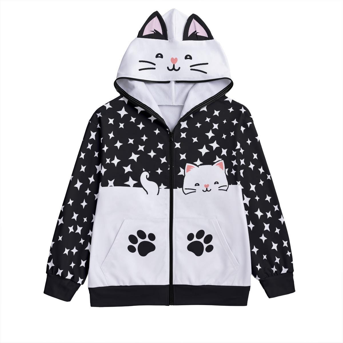 Kawaii Cat Ear Zip Hoodie | Star Pattern, Paw Print Pockets - Etsy