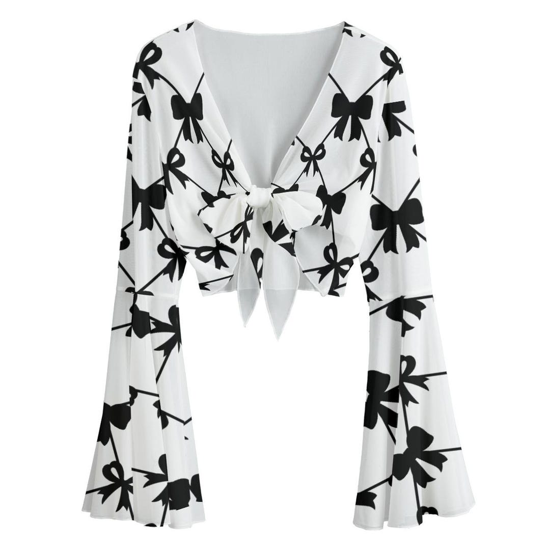 Black Bow Tie-front Blouse – Bell Sleeve Crop Top With Ribbon