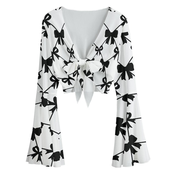 Black Bow Tie-front Blouse – Bell Sleeve Crop Top With Ribbon