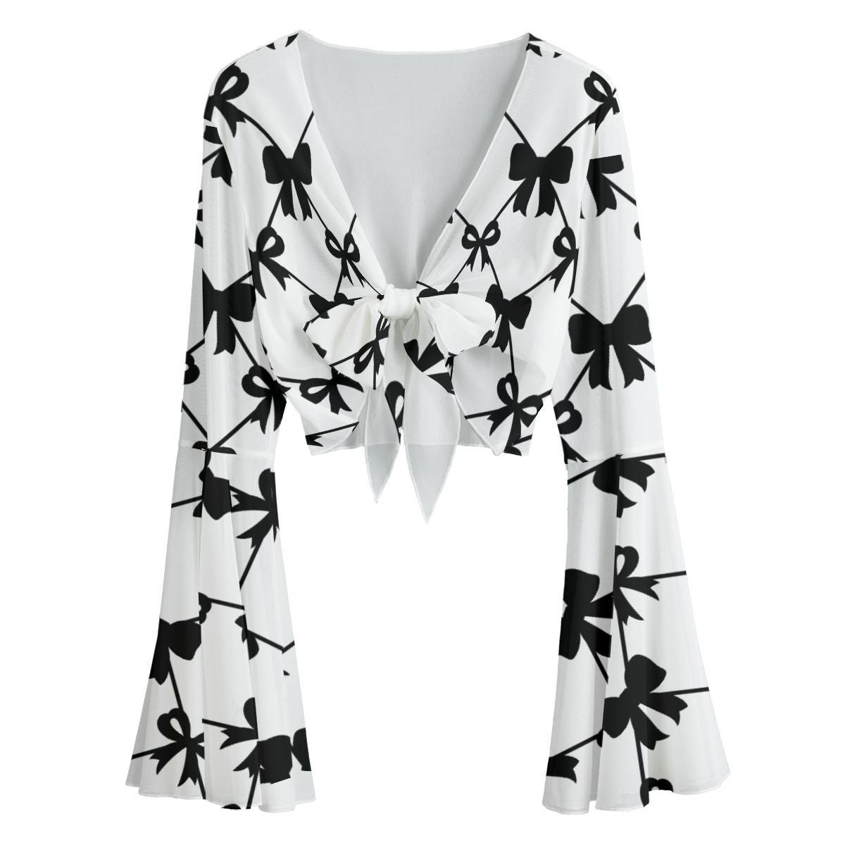 Black Bow Tie-front Blouse – Bell Sleeve Crop Top With Ribbon