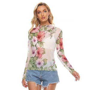 Women&#39;s Floral Mesh Long Sleeve T-Shirt - Lightweight Sheer Botanical Print Top