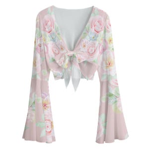 Kawaii Heaven Women&#39;s Blouse with Lace-Up Mesh Bell Sleeves | Blooming Grace