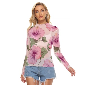 Women&#39;s Floral Mesh Long Sleeve T-Shirt - Sheer Hibiscus Print Top for Summer