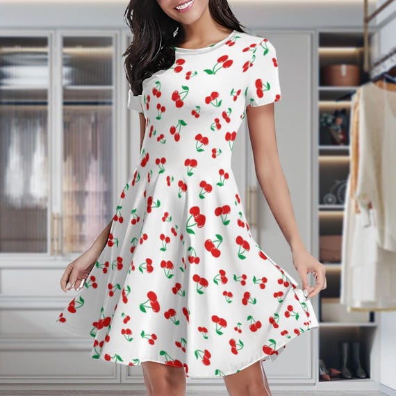 a line mini dress with short sleeves Cherry Print A-Line VOW-RENEWAL-DRESS 17 Epic Bachelorette Party Size:XXL/14-16 34L from shoulder to