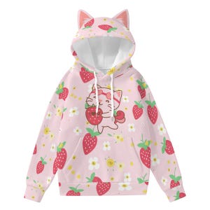 Kawaii Strawberry Cat Hoodie, Pink Pullover with Cute Ears, Decorative Anime-Inspired Sweatshirt