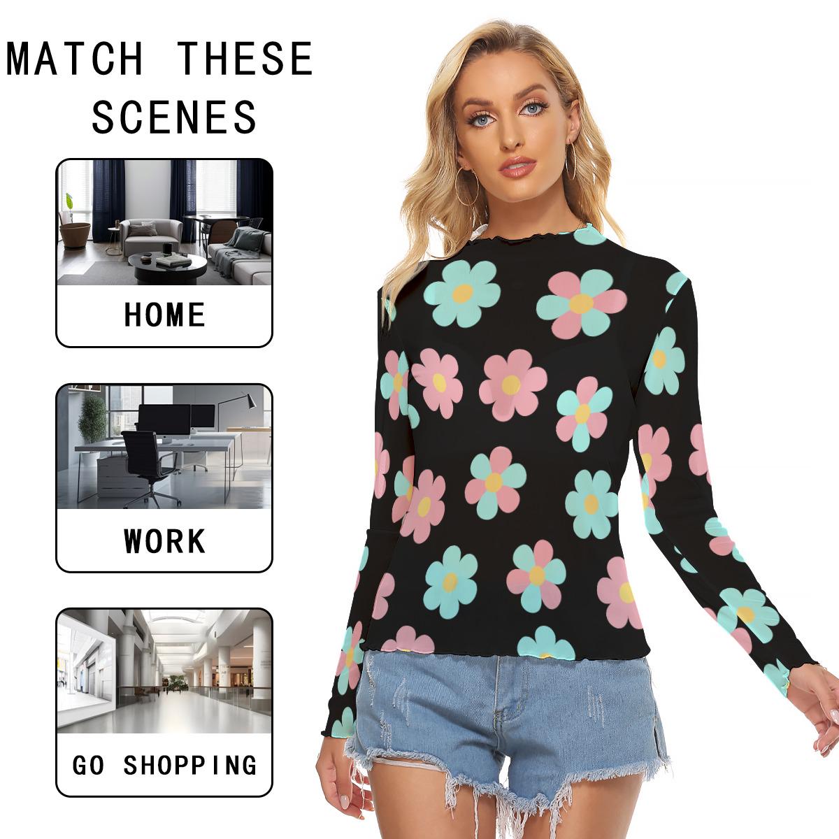 Women's Floral Mesh Long Sleeve Top – Black Stretchy Sheer Flower