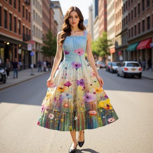 Women&#39;s Watercolor Floral Ruffle Hem Midi Dress - Sleeveless A-Line Summer Dress in Milk Silk