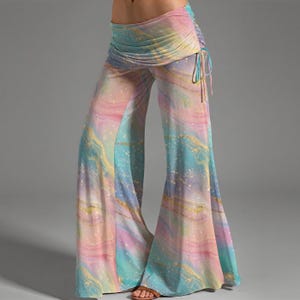High-Waisted Wide-Leg Pants with Fold-Over Waist – Pastel Galaxy Flowy Boho Trousers