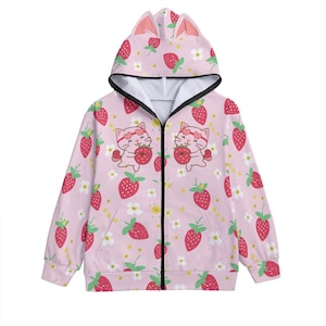 Kawaii Strawberry Cat Zip-Up Hoodie for Unisex - Pink Anime-Inspired Pullover with Decorative Ears