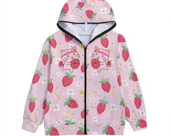Kawaii Strawberry Cat Zip-Up Hoodie for Unisex - Pink Anime-Inspired Pullover with Decorative Ears