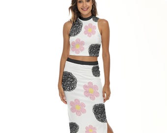 Floral Crop Top and Midi Skirt Set, Sleeveless Two Piece Outfit