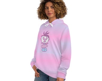 Puede incluir: Una sudadera con capucha de color rosa y morado degradado con un personaje de dibujos animados que lleva una falda rosa y zapatos azules. El personaje tiene el pelo morado y la cara rosa.