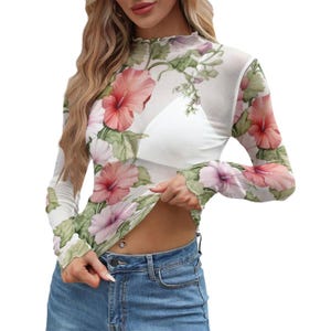 Camiseta de manga larga de malla floral para mujer - Top ligero y transparente con estampado botánico