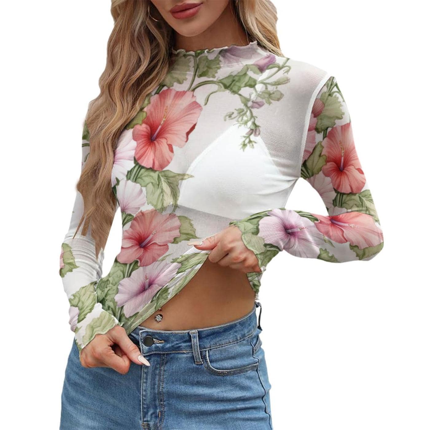 Women's Floral Mesh Long Sleeve T-shirt - Lightweight Sheer