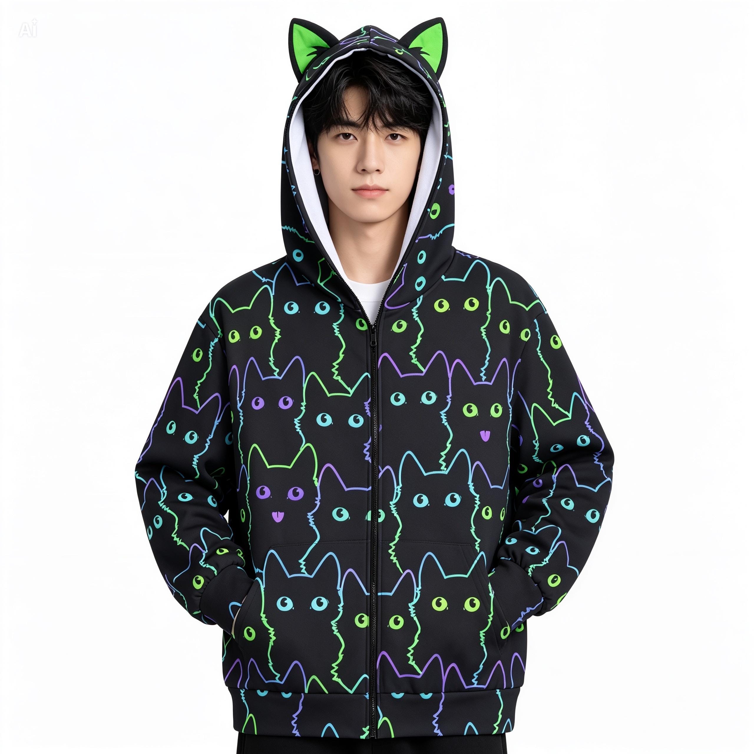 Neon Cat Print Zip-up Hoodie With Cat Ears - Black Unisex Scuba