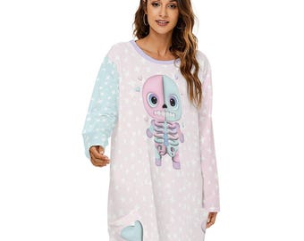 Kawaii Skeleton Long Sleeve Nightdress | Pastel Oversized Sleepwear with Pockets
