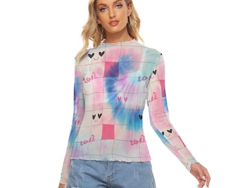Camiseta de malla Kawaii Heaven para mujer con estampado de cuadrícula de corazones tie-dye: sexy y única