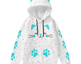 Kawaii Cat Ear Hoodie: Blue Paw Print Design